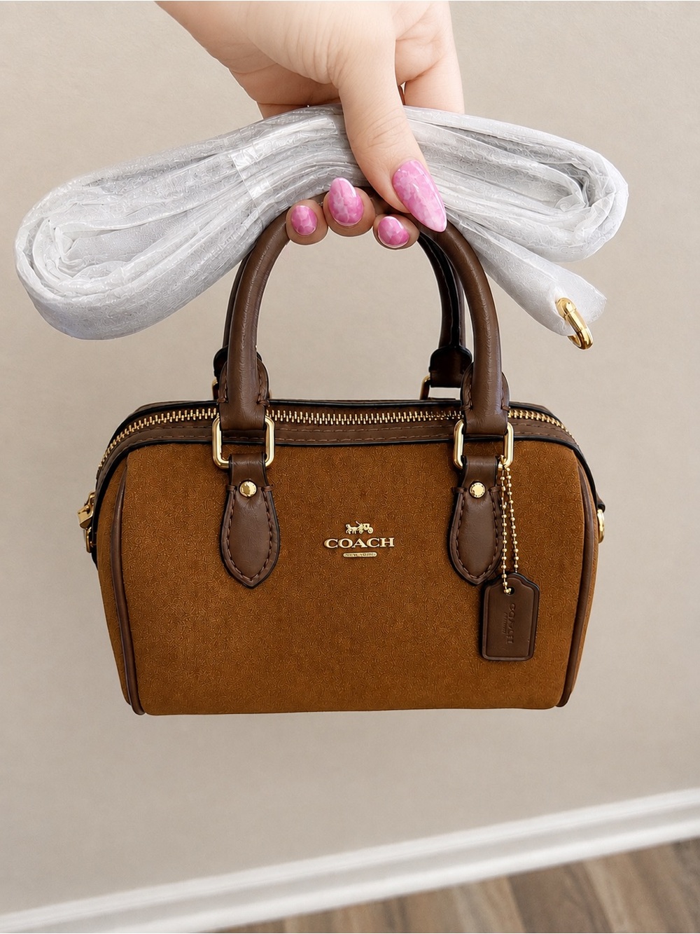 COACH MINI ROWAN CROSSBODY BAG IN VINTAGE BROWN SUEDE/SMOOTH LEATHER - Picture 5 of 5